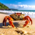 A close-up shot of a crab on a sandy beach. Funny animals in wildlife Royalty Free Stock Photo