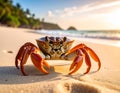 A close-up shot of a crab on a sandy beach. Funny animals in wildlife Royalty Free Stock Photo