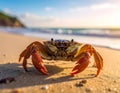 A close-up shot of a crab on a sandy beach. Funny animals in wildlife Royalty Free Stock Photo