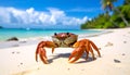 A close-up shot of a crab on a sandy beach. Funny animals in wildlife Royalty Free Stock Photo