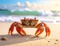 A close-up shot of a crab on a sandy beach. Funny animals in wildlife Royalty Free Stock Photo