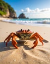 A close-up shot of a crab on a sandy beach. Funny animals in wildlife Royalty Free Stock Photo