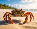 A close-up shot of a crab on a sandy beach. Funny animals in wildlife Royalty Free Stock Photo