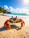 A close-up shot of a crab on a sandy beach. Funny animals in wildlife Royalty Free Stock Photo