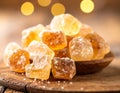 Pyramid of amber-hued sugar crystals on a wooden surface Royalty Free Stock Photo
