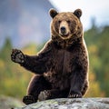 An adult brown bear sitting on a rock with one front paw outstretched, with a curious Royalty Free Stock Photo