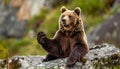 An adult brown bear sitting on a rock with one front paw outstretched, with a curious Royalty Free Stock Photo