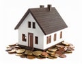 House model and coins isolated on white Royalty Free Stock Photo