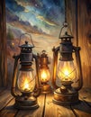 Three vintage oil lanterns sit on a wooden surface, casting a warm glow. Royalty Free Stock Photo