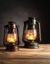 Two vintage oil lanterns, one smaller and one larger, rest on a wooden surface Royalty Free Stock Photo