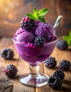 A glass dessert dish features three scoops of rich purple berry sorbet, topped with fresh blackberries Royalty Free Stock Photo