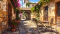 Generated image.Cobblestone street lined with rustic stone buildings. Royalty Free Stock Photo