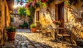 Generated image.Cobblestone street lined with rustic stone buildings. Royalty Free Stock Photo