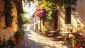 Generated image.Cobblestone street lined with rustic stone buildings. Royalty Free Stock Photo