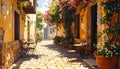 Generated image.Cobblestone street lined with rustic stone buildings. Royalty Free Stock Photo