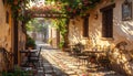 Generated image.Cobblestone street lined with rustic stone buildings. Royalty Free Stock Photo