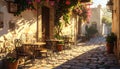 Generated image.Cobblestone street lined with rustic stone buildings. Royalty Free Stock Photo