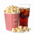 A glass filled with dark soda and ice cubes sits beside a large tub of popcorn. Royalty Free Stock Photo