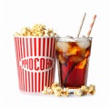 A glass filled with dark soda and ice cubes sits beside a large tub of popcorn. Royalty Free Stock Photo