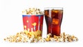 A glass filled with dark soda and ice cubes sits beside a large tub of popcorn. Royalty Free Stock Photo