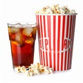 A glass filled with dark soda and ice cubes sits beside a large tub of popcorn. Royalty Free Stock Photo