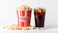 A glass filled with dark soda and ice cubes sits beside a large tub of popcorn. Royalty Free Stock Photo