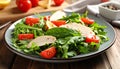 Fresh salad features arugula (Eruca vesicaria) as the base, topped with grilled chicken slices Royalty Free Stock Photo