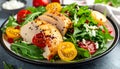 Fresh salad features arugula (Eruca vesicaria) as the base, topped with grilled chicken slices Royalty Free Stock Photo