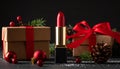 Red lipstick stands upright against a backdrop of wrapped gifts adorned with red ribbons. Royalty Free Stock Photo