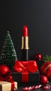 Red lipstick stands upright against a backdrop of wrapped gifts adorned with red ribbons. Royalty Free Stock Photo