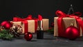 Red lipstick stands upright against a backdrop of wrapped gifts adorned with red ribbons. Royalty Free Stock Photo