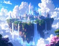 Anime-style floating city in the sky with waterfalls and glowing crystals, bright and majestic scenery Royalty Free Stock Photo