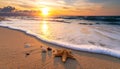 Wave rolling onto sandy beach with beautiful sea star and shells at sunset Royalty Free Stock Photo