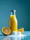 bottle of orange juice and stacked sugar cubes Royalty Free Stock Photo
