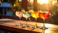 Cocktails are replenished in glasses on the wooden table Royalty Free Stock Photo