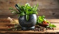 Different aromatic herbs, mortar with pestle and spices on wooden table, closeup Royalty Free Stock Photo