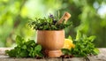 Different aromatic herbs, mortar with pestle and spices on wooden table, closeup Royalty Free Stock Photo