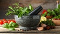Different aromatic herbs, mortar with pestle and spices on wooden table, closeup Royalty Free Stock Photo