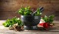 Different aromatic herbs, mortar with pestle and spices on wooden table, closeup Royalty Free Stock Photo