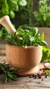 Different aromatic herbs, mortar with pestle and spices on wooden table, closeup Royalty Free Stock Photo