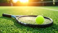 Tennis racket and ball on green artificial turf, close-up. Text area Royalty Free Stock Photo