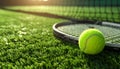 Tennis racket and ball on green artificial turf, close-up. Text area Royalty Free Stock Photo