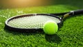 Tennis racket and ball on green artificial turf, close-up. Text area Royalty Free Stock Photo