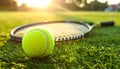 Tennis racket and ball on green artificial turf, close-up. Text area Royalty Free Stock Photo
