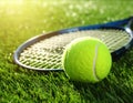 Tennis racket and ball on green artificial turf, close-up. Text area Royalty Free Stock Photo