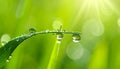 Water drops on grass blade against blurred background, closeup. Toned in green Royalty Free Stock Photo