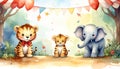Watercolor Baby Animals at a Circus Carnival. Royalty Free Stock Photo
