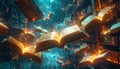 Fantasy concept art of glowing books floating in magical library, symbolizing imaginatio Royalty Free Stock Photo