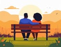 A couple sits on a bench, facing a sunset over rolling hills and grassy fields Royalty Free Stock Photo