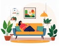 Generated AI Cozy living room featuring a blue and yellow sofa Royalty Free Stock Photo